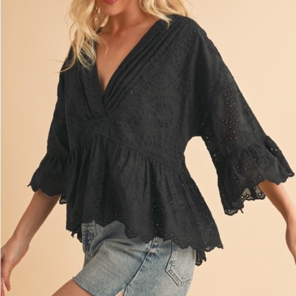 Black Ruffled Wrap Blouse with 3/4 Sleeves - Picture 2 of 9